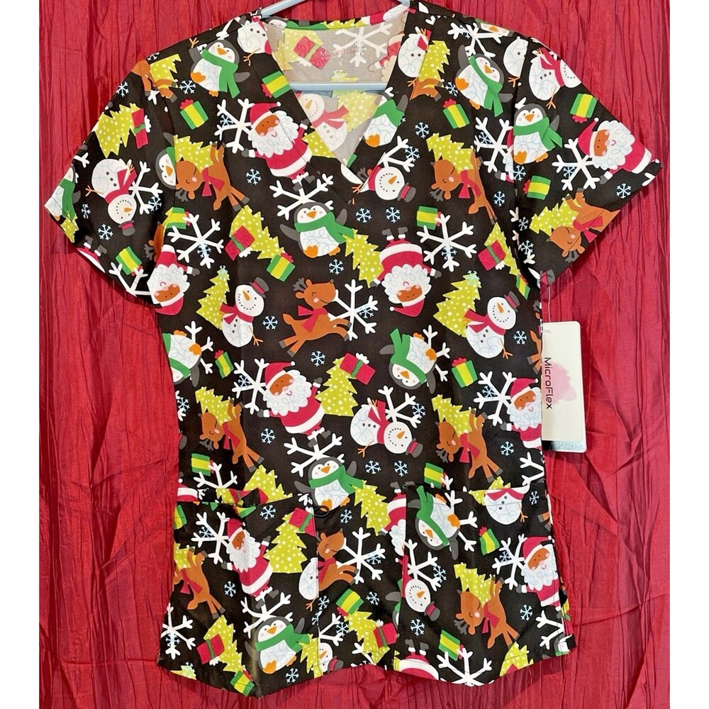 Womens NWT Micro Flex Christmas Theme Cotton Scrub Top sz Sm
